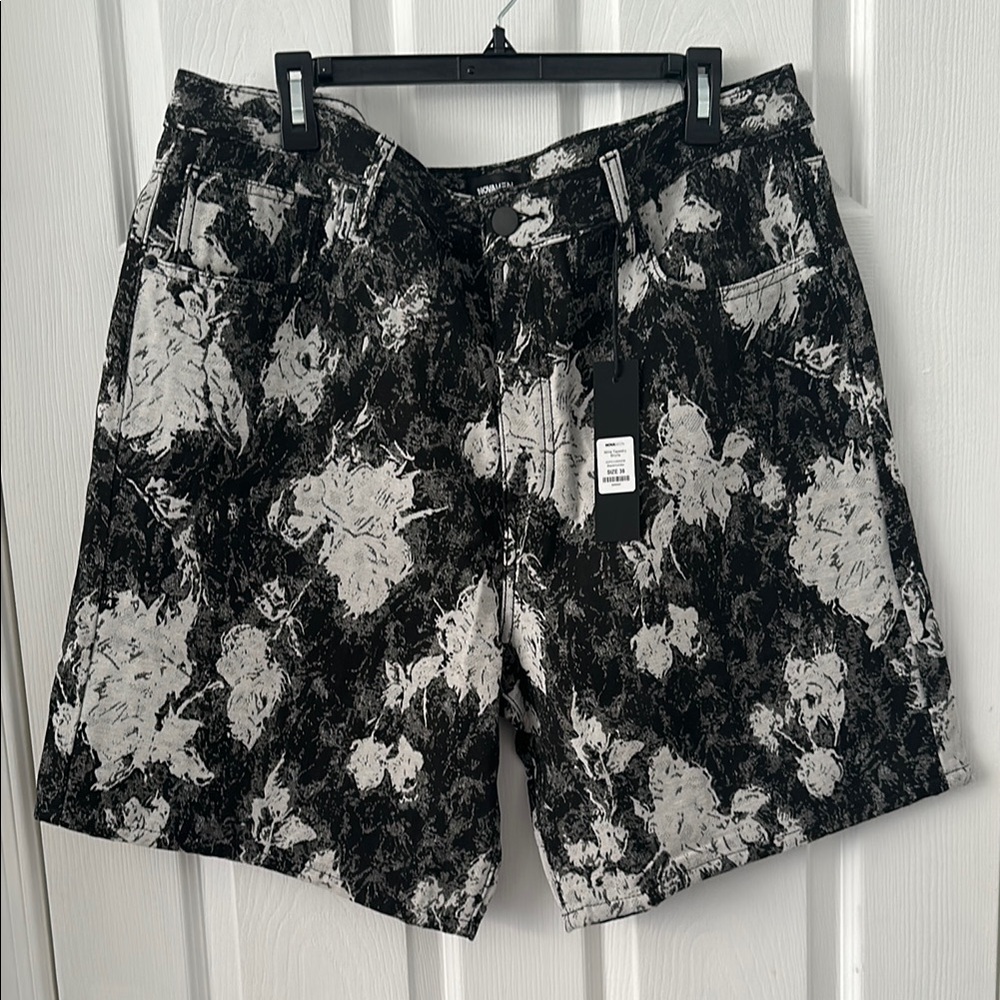 Men's Black and White Floral Denin Shorts
